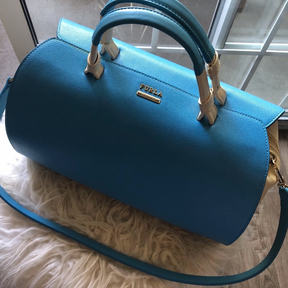 Furla Blue/Cream Blue/Cream/Gold Leather Satchel